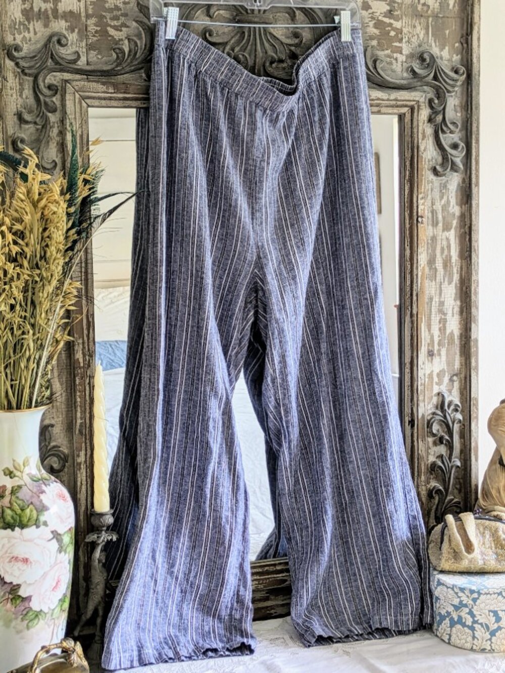 Linda Anderson XL Black Grey Gold Metal Stripe Linen Blend Coastal Grandma Pants - Picture 2 of 7
